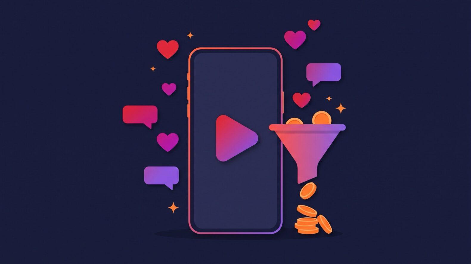 Арбитраж трафика с TikTok: вертикальный экран телефона, воронка и монеты
