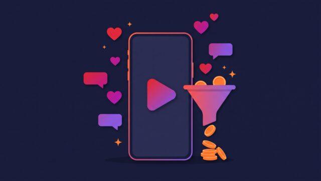 Арбитраж трафика с TikTok: вертикальный экран телефона, воронка и монеты