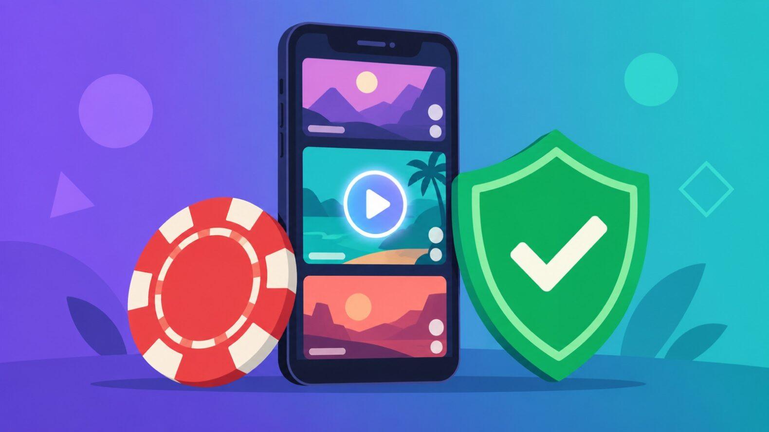 Арбитраж гемблинг-трафика из TikTok: смартфон с вертикальным видео, фишка казино и щит с галочкой