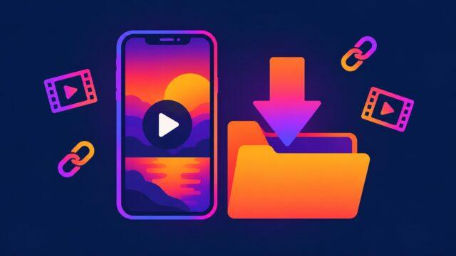 Смартфон с видео, стрелка загрузки в папку и значки ссылок