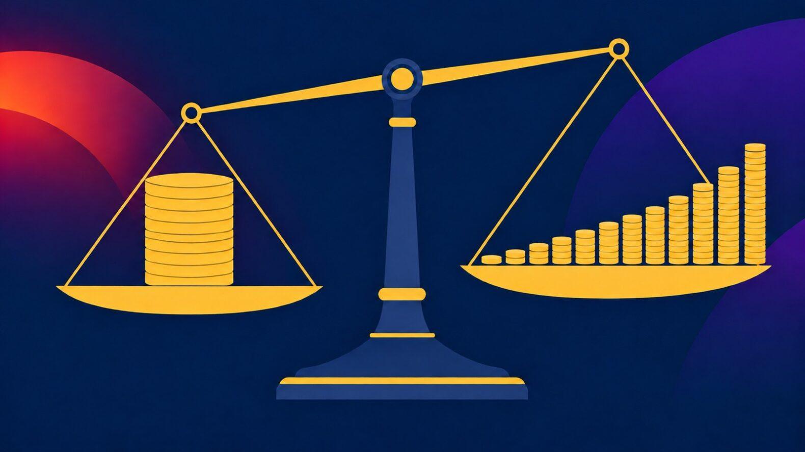 Весы: стопка монет CPA против растущего ряда монет RevShare по месяцам
