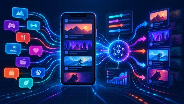 Неоновая схема настройки рекомендаций Facebook Feed и Reels: смартфон, сообщения, алгоритм и карточки контента