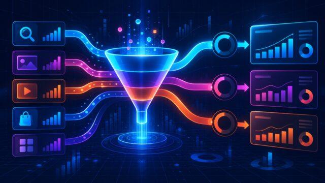 Неоновая схема приоритизации каналов и лимитов бюджета в Google Ads: воронка трафика и аналитические панели
