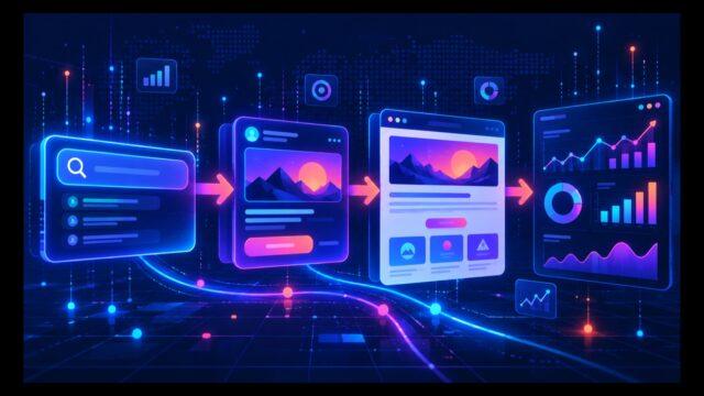 Неоновая схема пути от поискового запроса через креатив к лендингу и единой аналитике AI Max