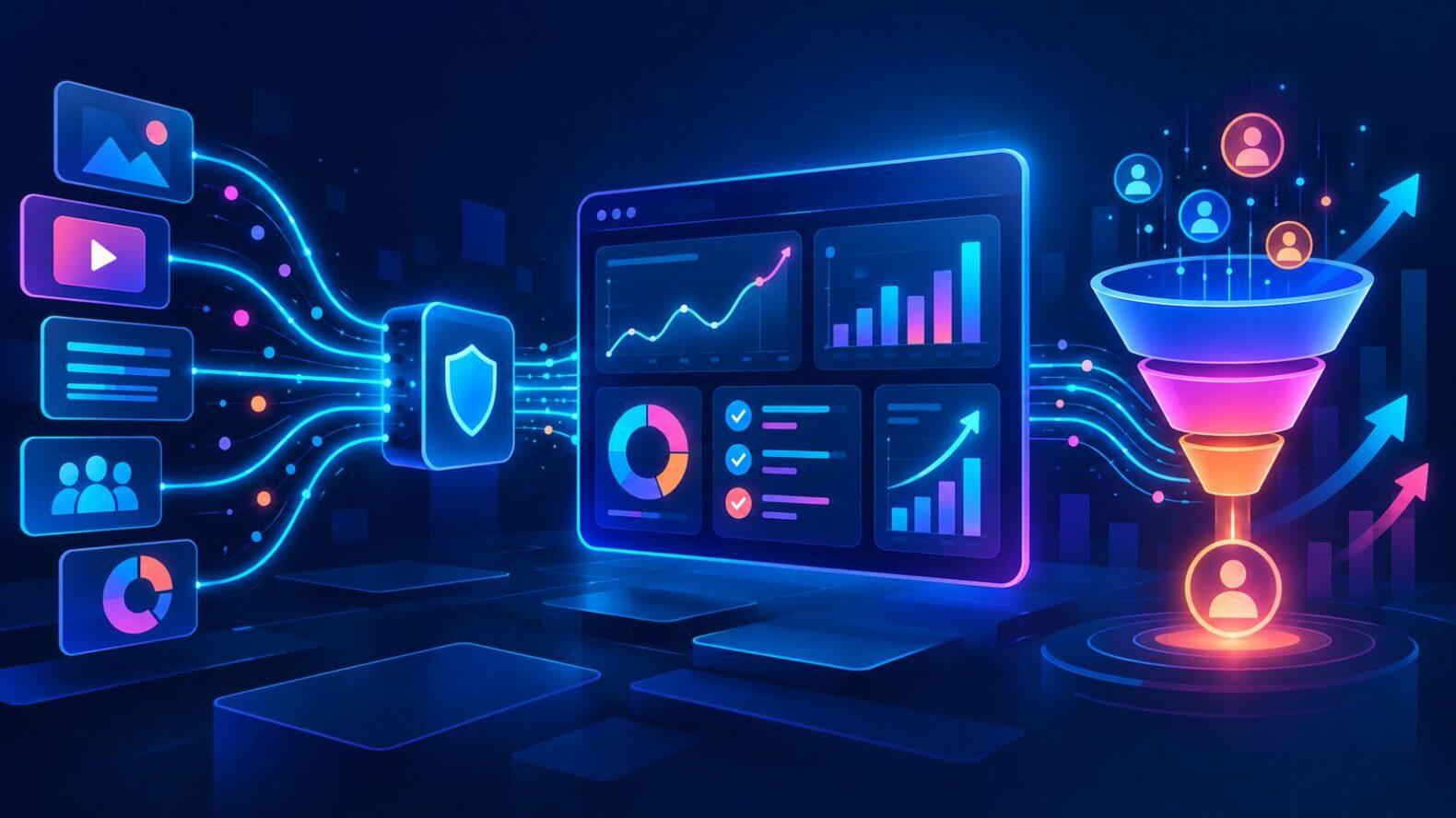 Неоновая схема укрепления данных Demand Gen: защищённый шлюз, аналитическая панель и воронка конверсий