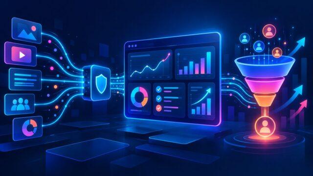 Неоновая схема укрепления данных Demand Gen: защищённый шлюз, аналитическая панель и воронка конверсий
