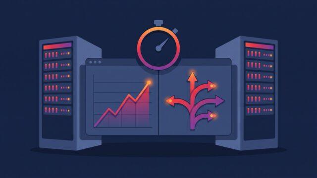 Keitaro или Binom: две серверные стойки друг напротив друга над дашбордом с графиком и секундомером