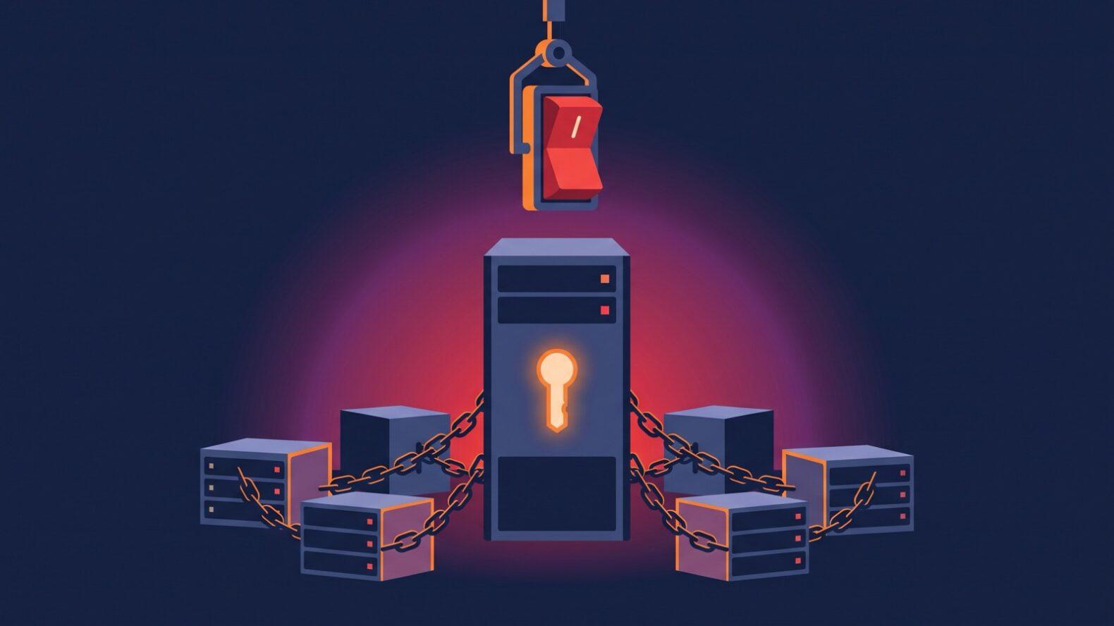 Новые условия Keitaro: серверная стойка с ключом лицензии и красным выключателем над связанными серверами