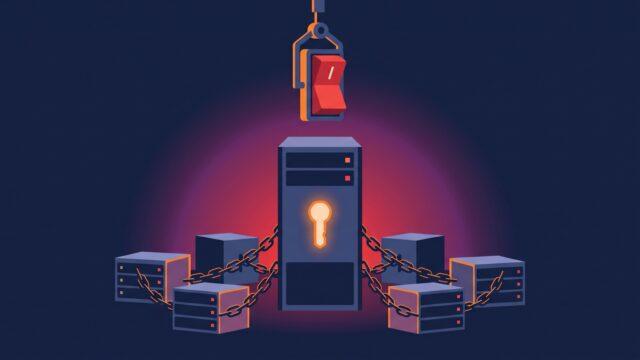 Новые условия Keitaro: серверная стойка с ключом лицензии и красным выключателем над связанными серверами