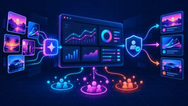 Неоновая схема AI-автоматизации Meta Ads: креативы, аудитории, аналитика и ручное подтверждение