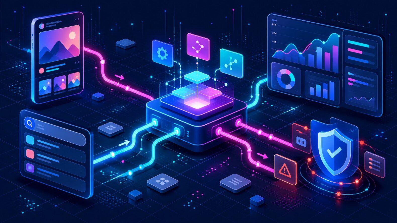 Неоновая схема AI-агентов, поисковой рекламы, креативов и контроля размещений в TikTok Ads