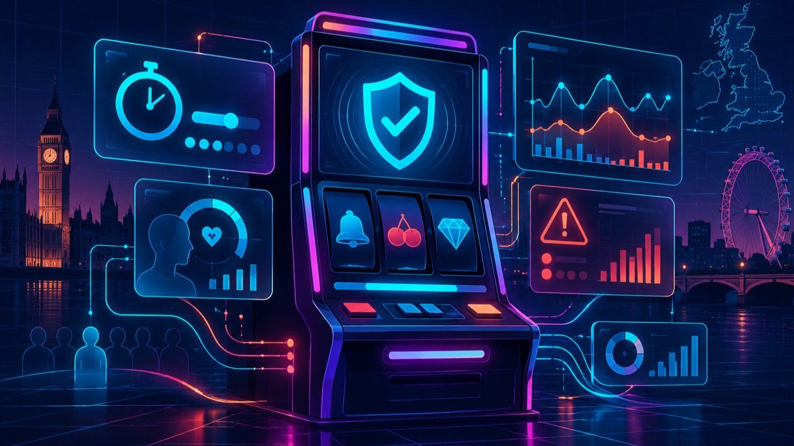 Неоновая иллюстрация игровых автоматов и панели комплаенса UK Gambling Commission