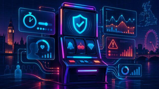 Неоновая иллюстрация игровых автоматов и панели комплаенса UK Gambling Commission